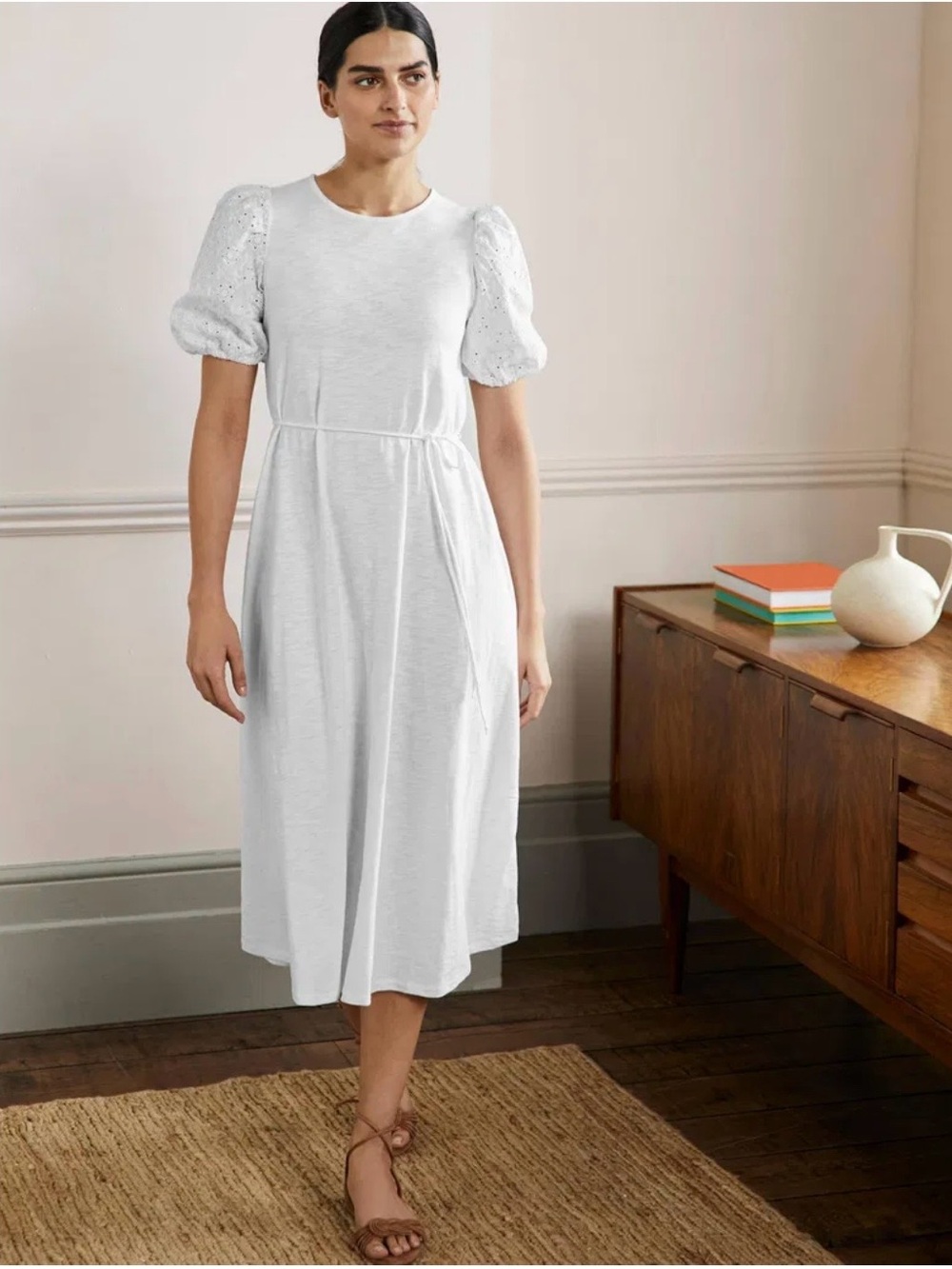 Women’s Boden Broderie Mix Jersey White Eyelet Puff-Sleeve Cotton Midi Dress 4R
